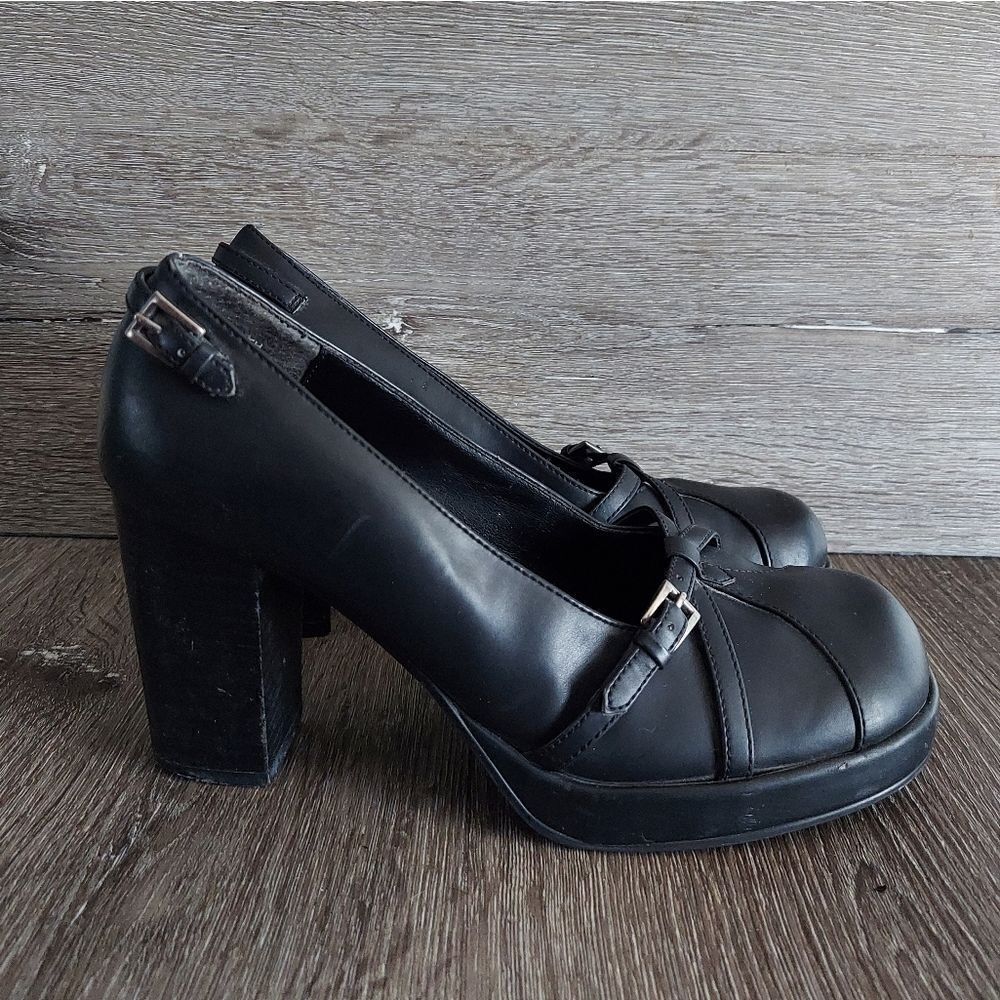 VINTAGE MUDD FAUX LEATHER BLACK PLATFORM CHUNKY HEEL SHOES WOMENS SZ 8.5M